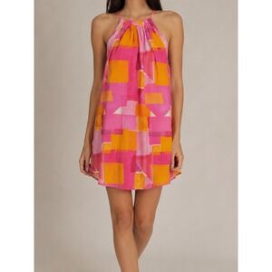 French Paris Pink Orange Geometric Abstract Linen Blend Halter Midi Dress L‎